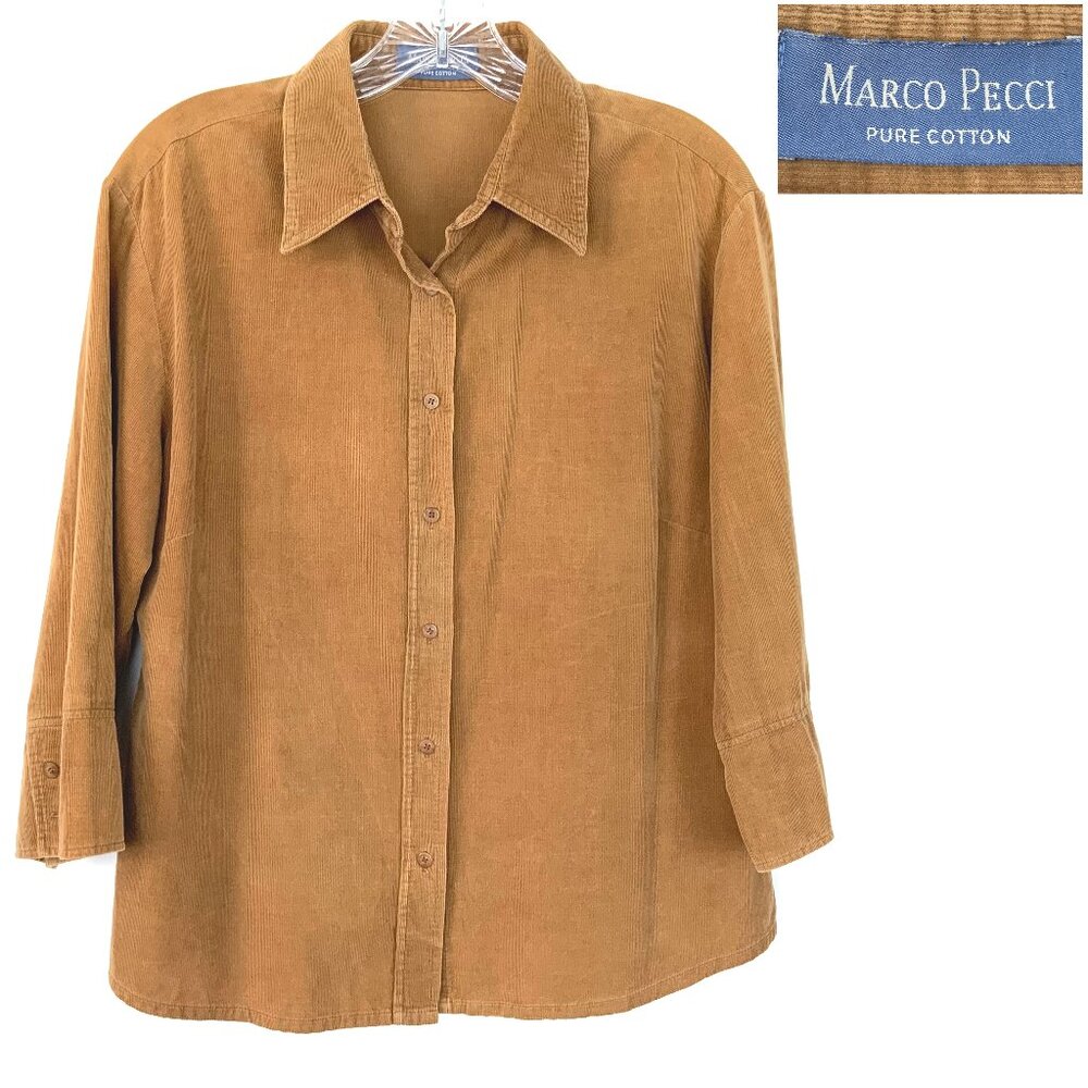 Vintage Marco Pecci Corduroy Cotton Button Up Shirt Caramel Brown Sz M - Picture 4 of 16